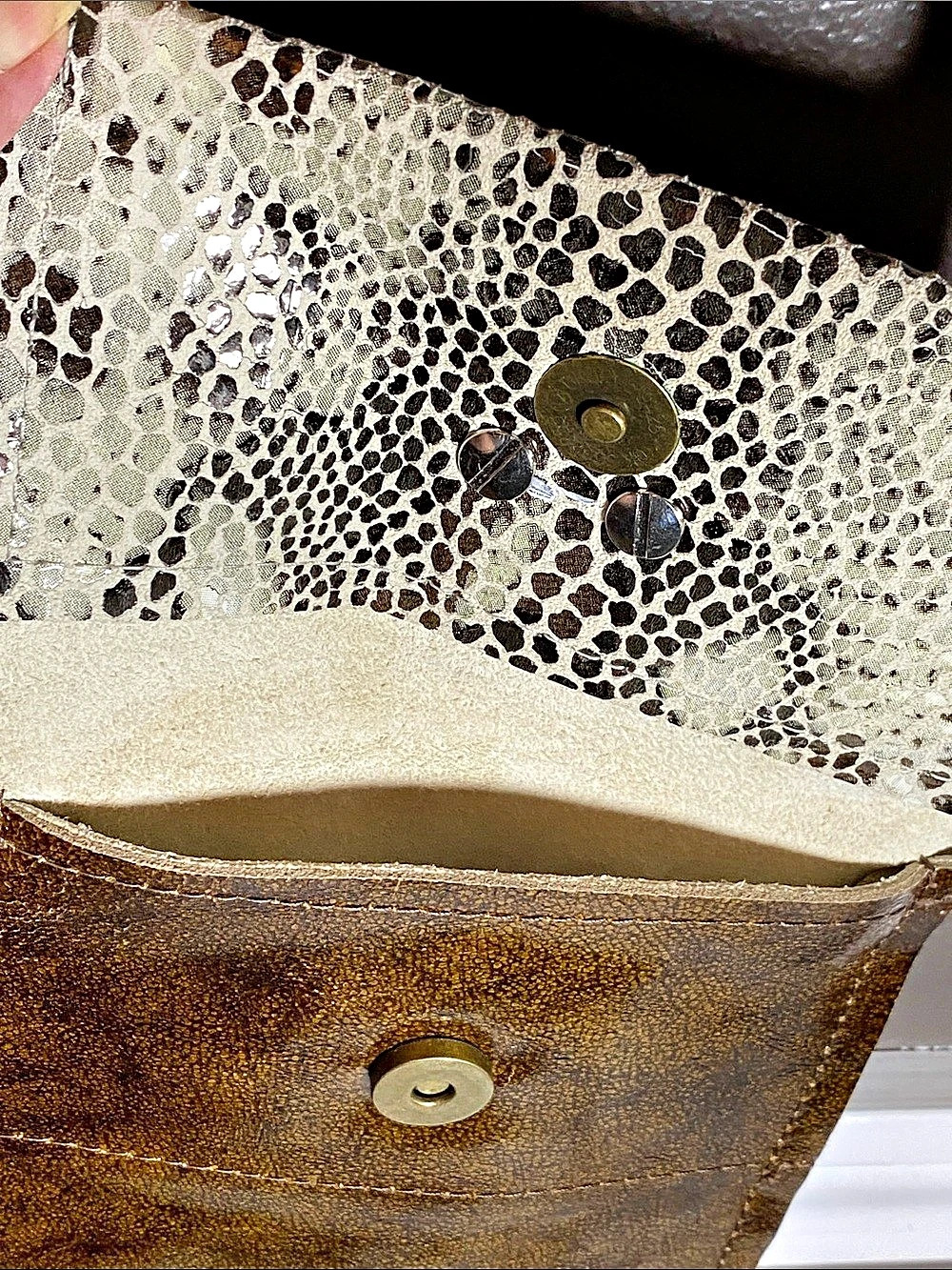 Double Pocket Animal Print Crossbody Bag in Gold, Brown & Cream - Picture 6 of 9